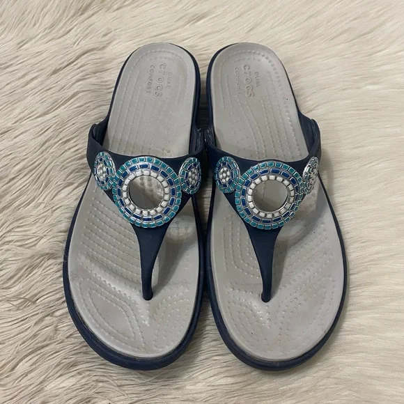 Crocs Blue Mosaic Cricle Sanrah Diamante Wedge Flip Flop Thong
Sandals - Picture 2 of 9